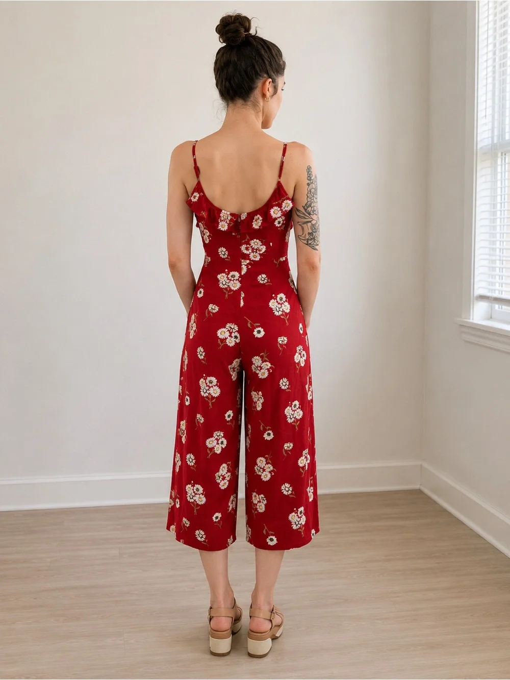 H&M Red Floral Spaghetti-Strap Jumpsuit